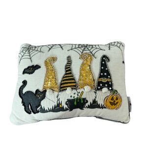 Spooky Night Halloween Gnome Witches Black Cat Pumpkin Beaded 14in Toss Pillow